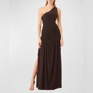 MISA Brown Samsara One-Shoulder Ruched Cutout Maxi Slit Long Dress XXS
